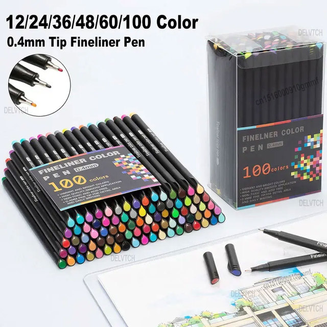 Professional 12/24/36/48/60/100 Color Set 0.4mm Micro Tip Fineliner Pen  Drawing